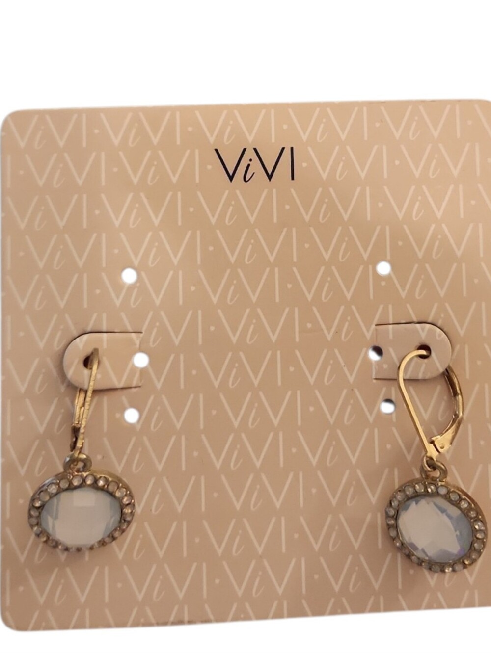 NWT ViVI Goldtone Drop Iridescent Center Stone Framed With Crystals Earrings